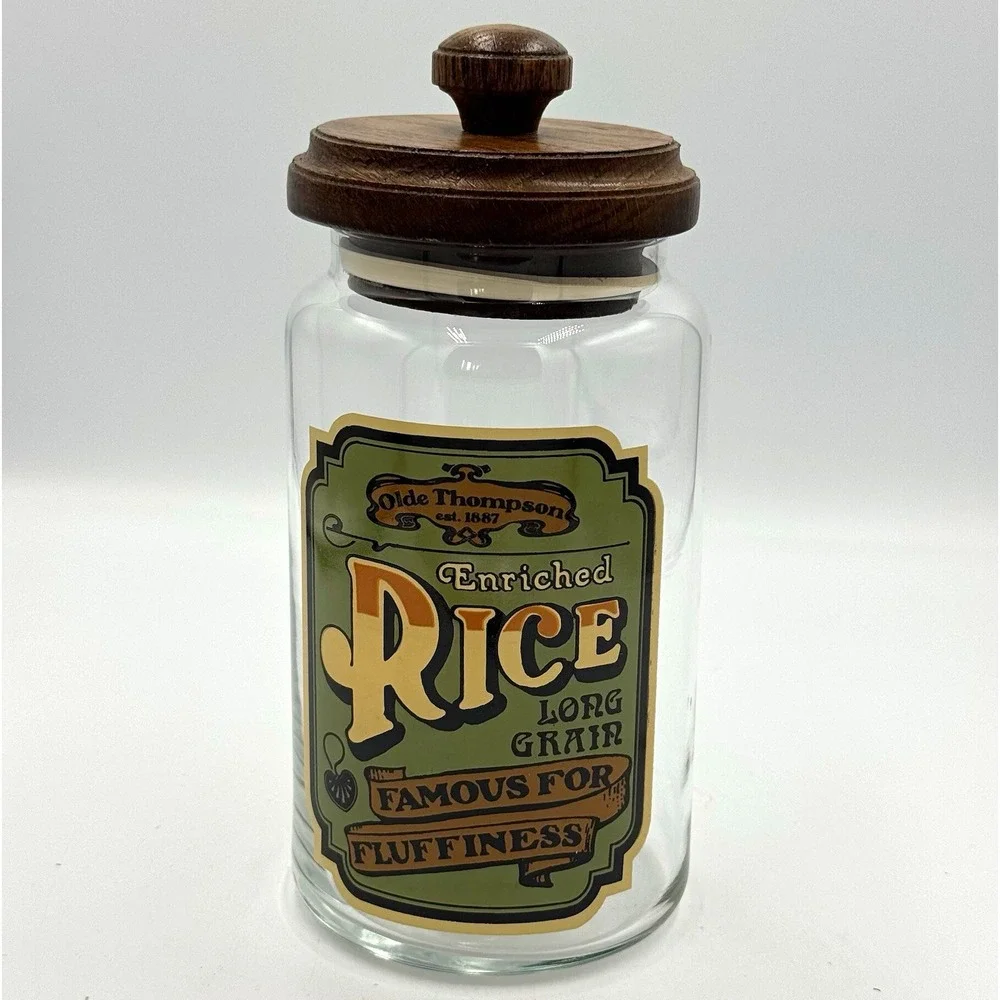 Olde Thompson Glass Canister Rice Wood Lid Vintage